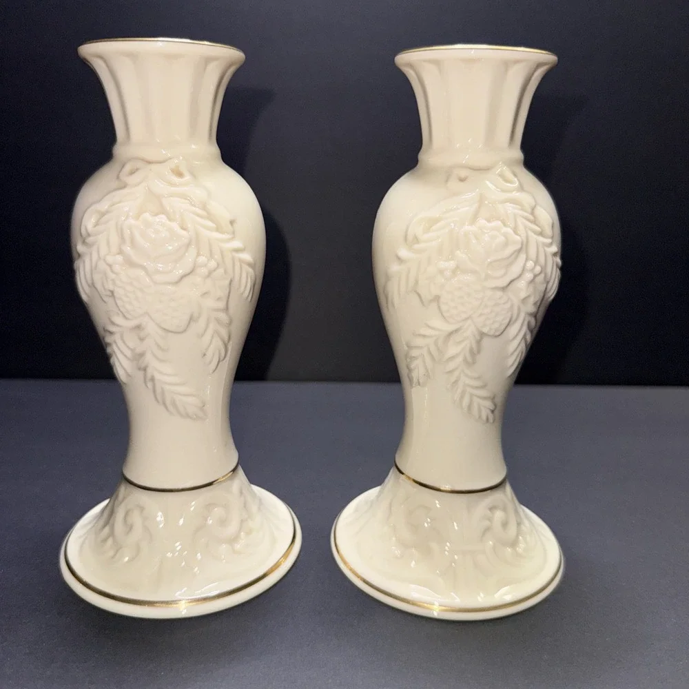 Lenox Eternal Candlesticks Pair Ivory Porcelain Gold Trim Floral USA Vintage Set